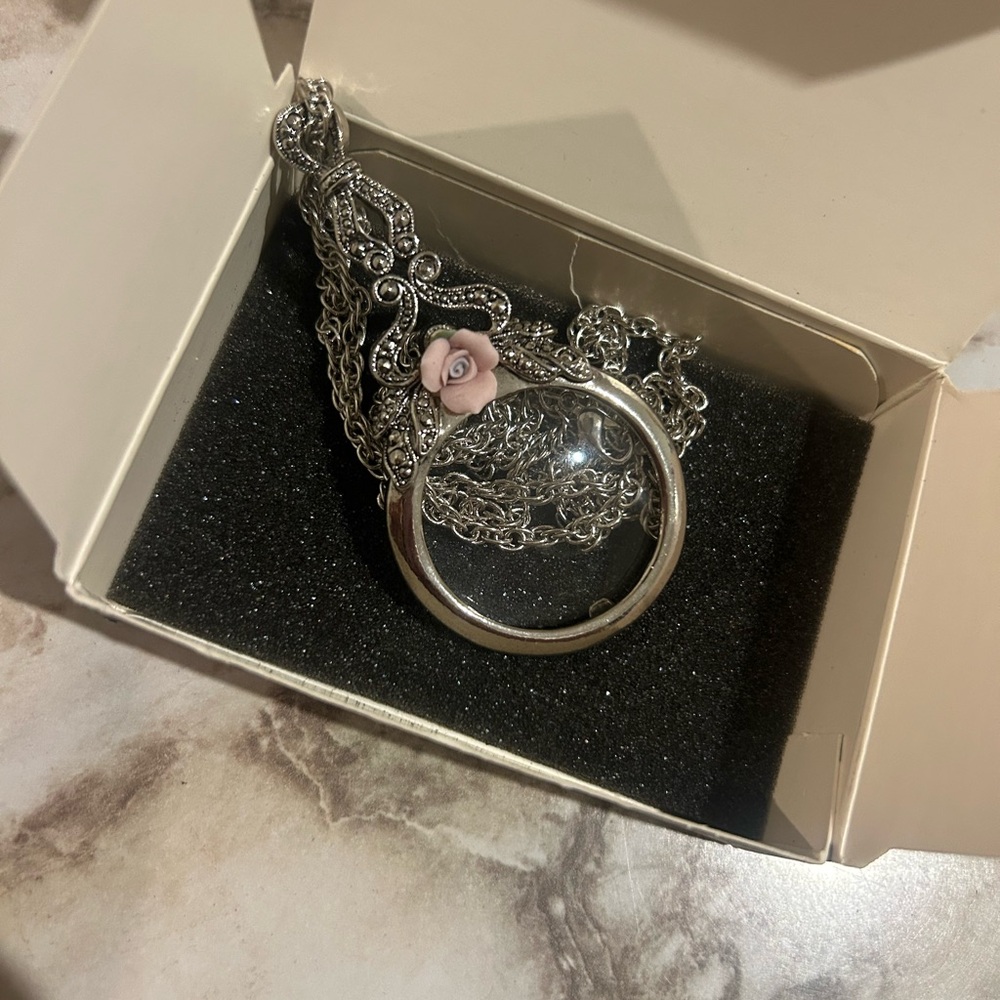 Silver and Pink Rose Pendant Necklace